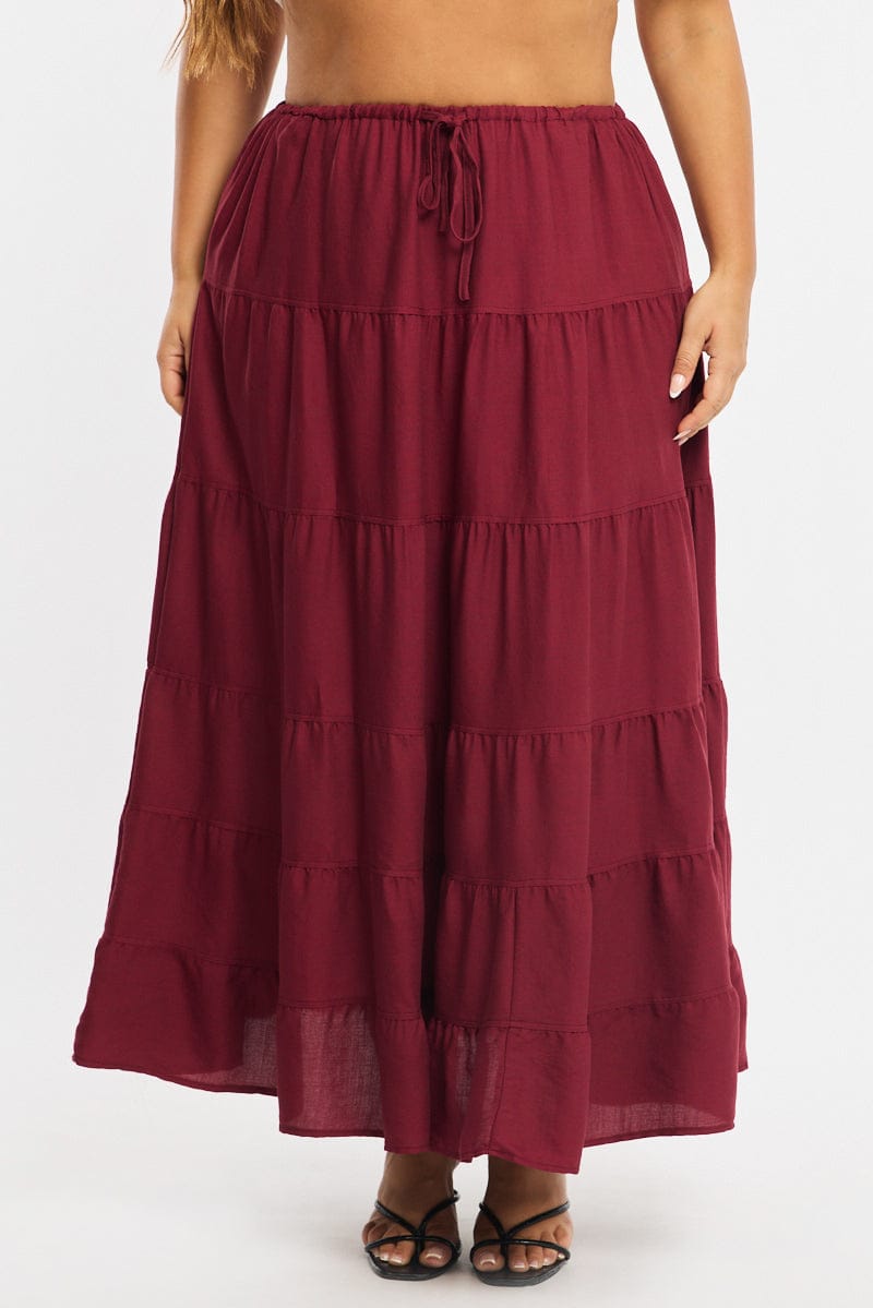 Red Tiered Skirt Elasticated Waist Textured for YouandAll Fashion
