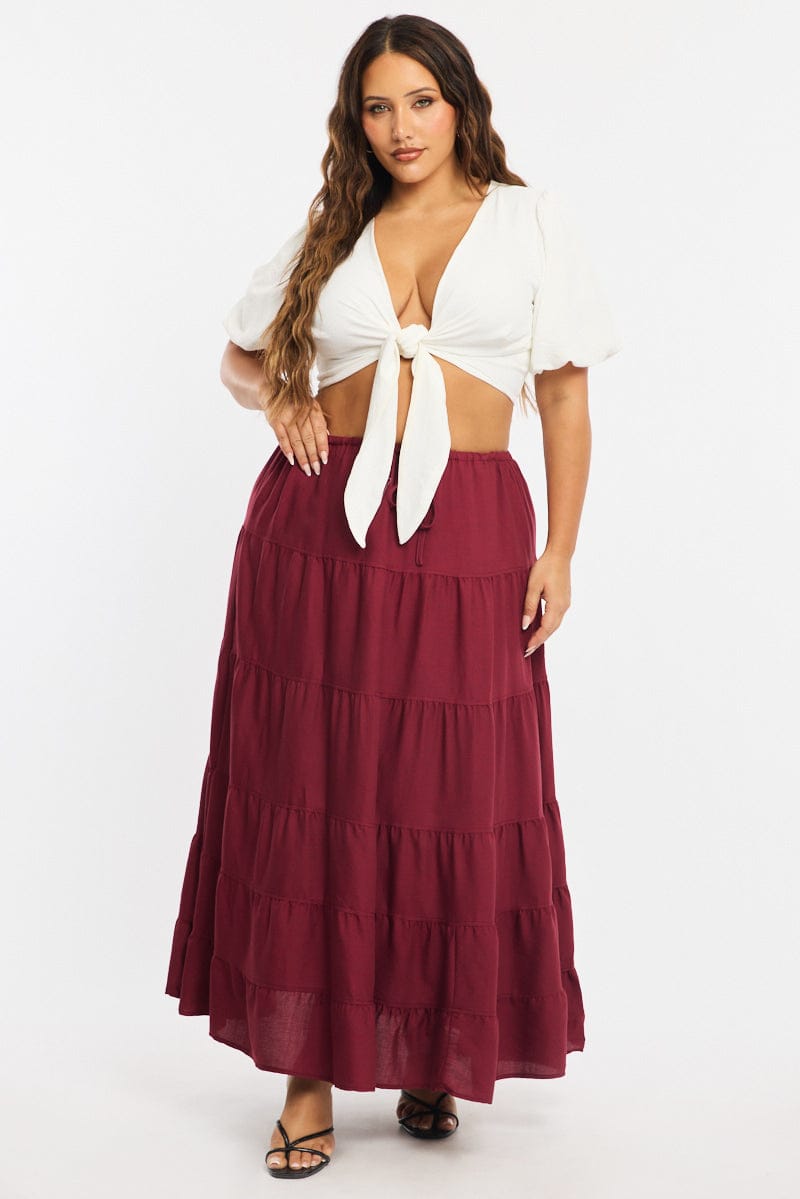 Red Tiered Skirt Elasticated Waist Textured for YouandAll Fashion