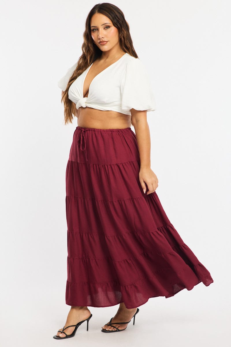 Red Tiered Skirt Elasticated Waist Textured for YouandAll Fashion