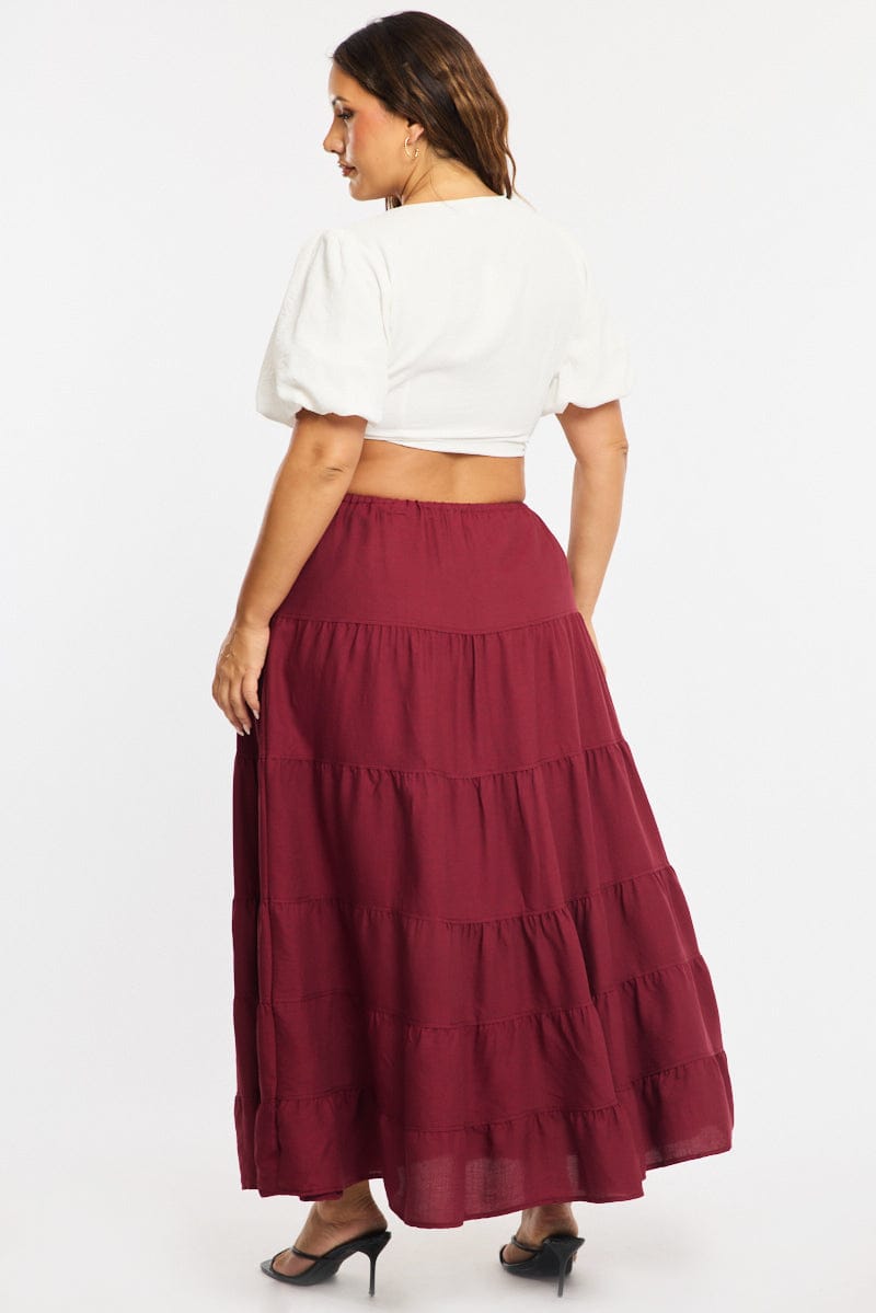 Red Tiered Skirt Elasticated Waist Textured for YouandAll Fashion