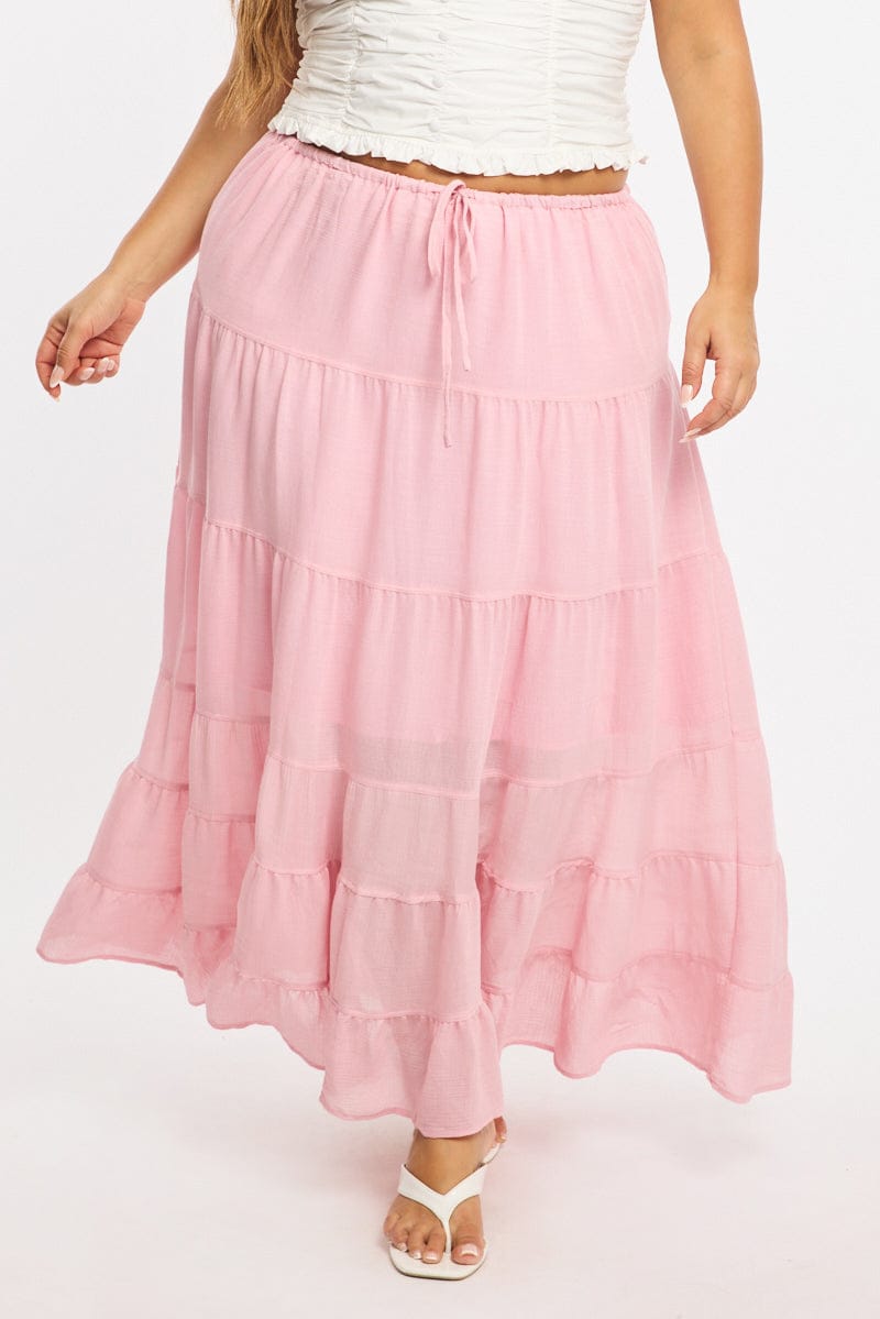 Pink Tiered Skirt Elasticated Waist Textured for YouandAll Fashion