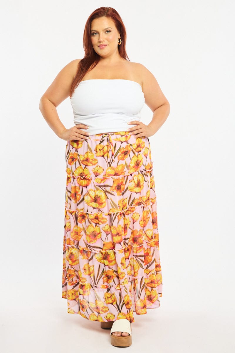 Pink Floral Maxi Skirt Tiered for YouandAll Fashion