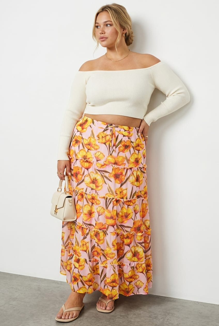 Pink Floral Maxi Skirt Tiered for YouandAll Fashion