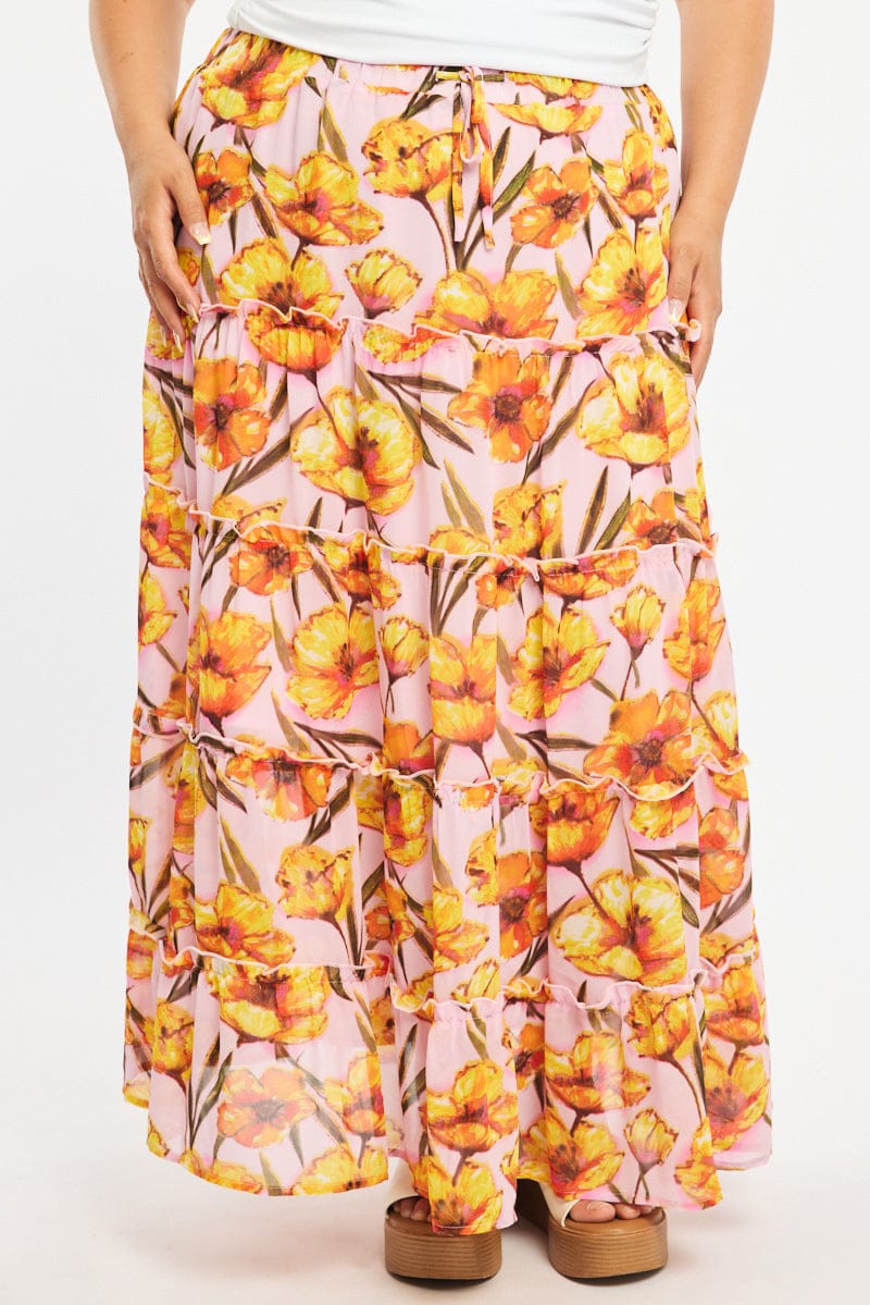 Pink Floral Maxi Skirt Tiered for YouandAll Fashion