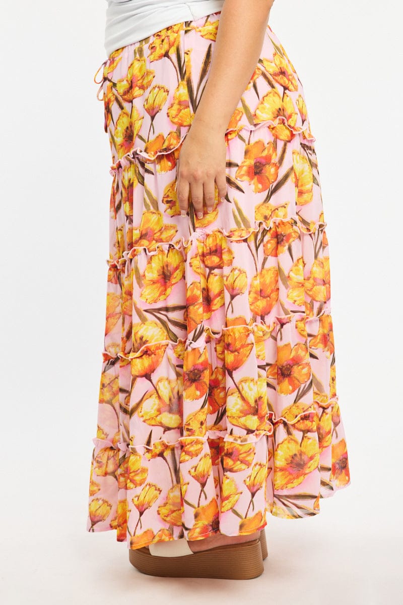 Pink Floral Maxi Skirt Tiered for YouandAll Fashion