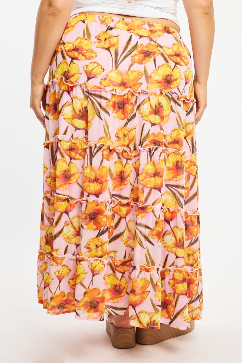 Pink Floral Maxi Skirt Tiered for YouandAll Fashion