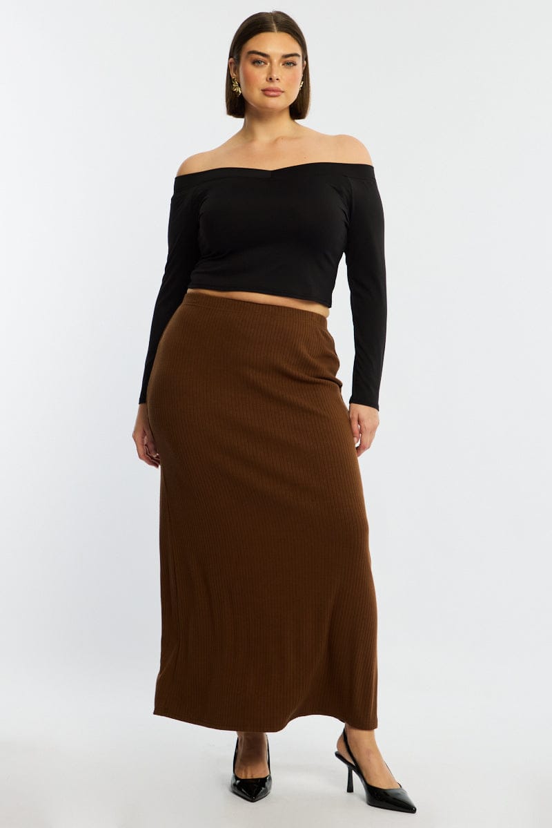 Brown Soft Touch Maxi Skirt Rib for YouandAll Fashion