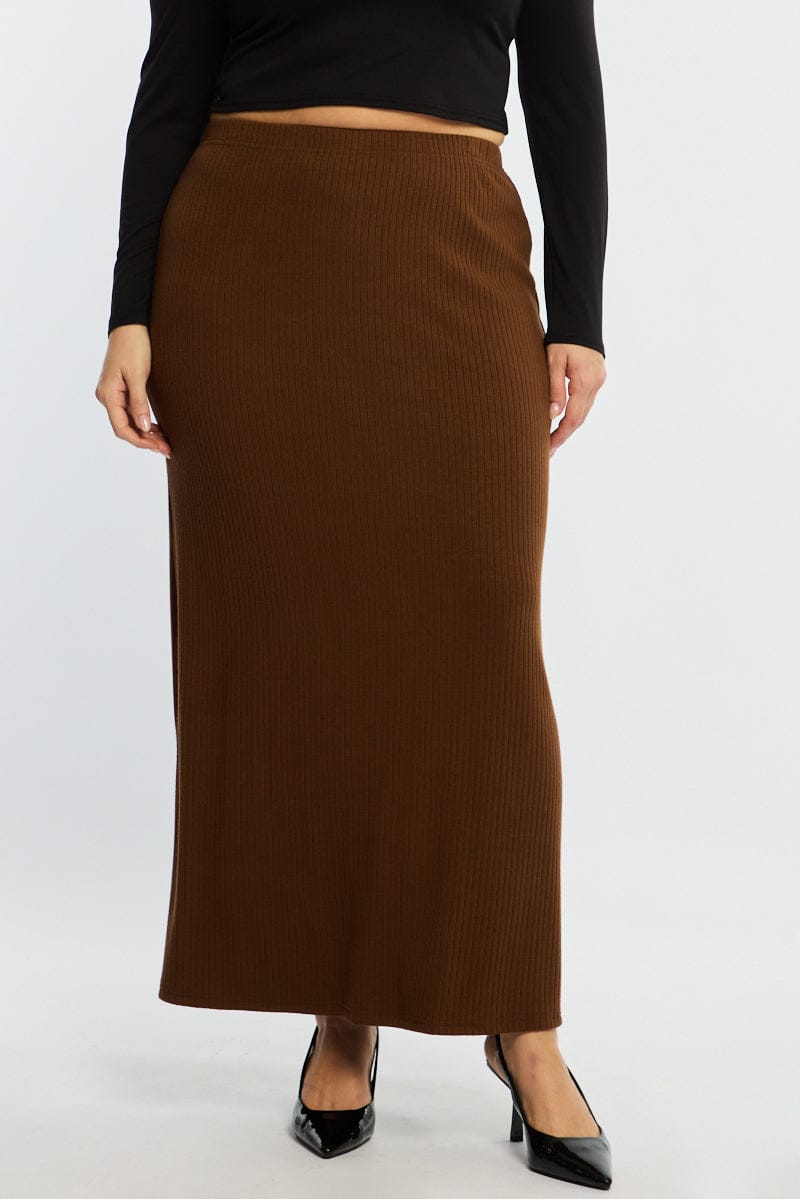 Brown Soft Touch Maxi Skirt Rib for YouandAll Fashion