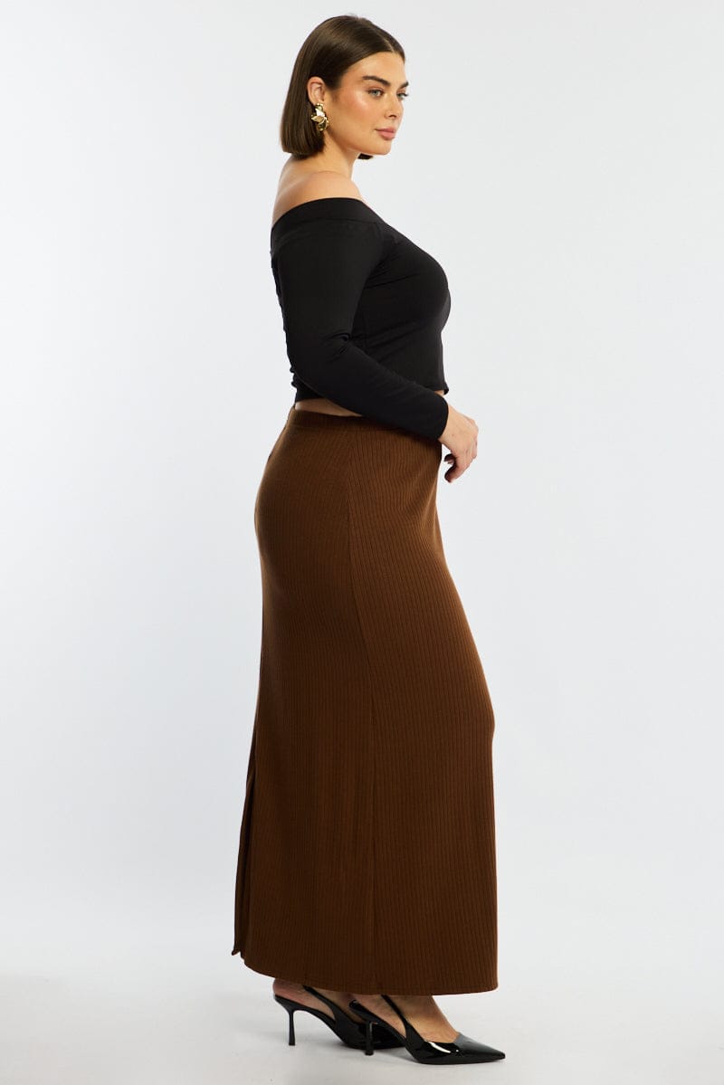 Brown Soft Touch Maxi Skirt Rib for YouandAll Fashion