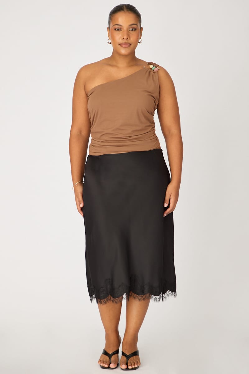 Black Midi Satin Skirt Lace Hem for YouandAll Fashion