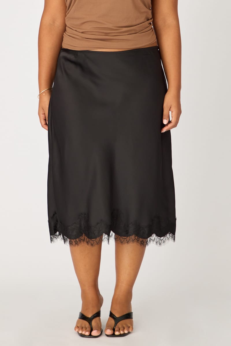 Black Midi Satin Skirt Lace Hem for YouandAll Fashion