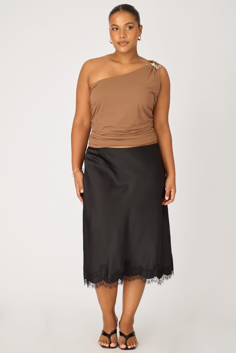 Black Midi Satin Skirt Lace Hem for YouandAll Fashion