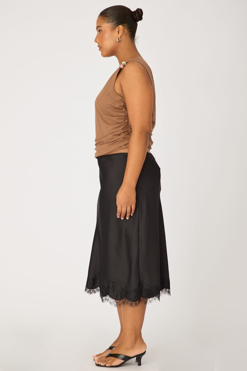 Black Midi Satin Skirt Lace Hem for YouandAll Fashion