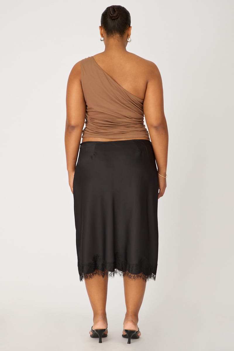 Black Midi Satin Skirt Lace Hem for YouandAll Fashion