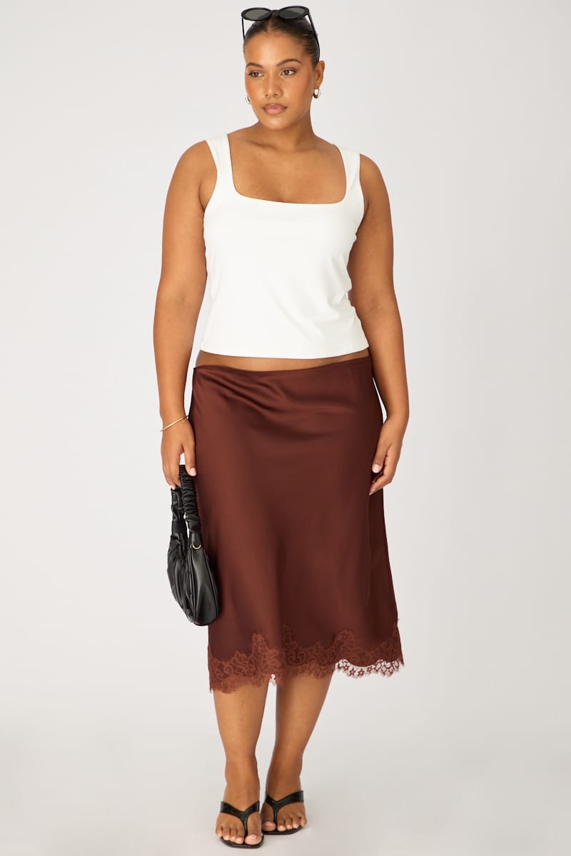 Brown Midi Satin Skirt Lace Hem for YouandAll Fashion