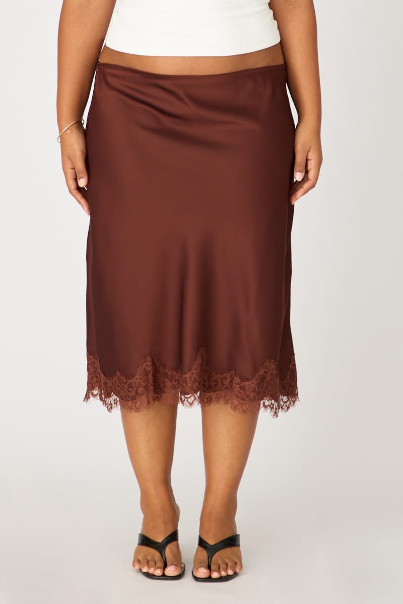 Brown Midi Satin Skirt Lace Hem for YouandAll Fashion