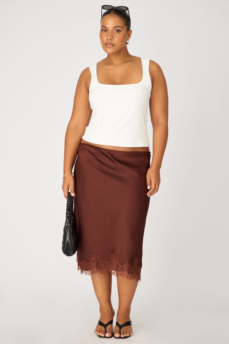Brown Midi Satin Skirt Lace Hem for YouandAll Fashion