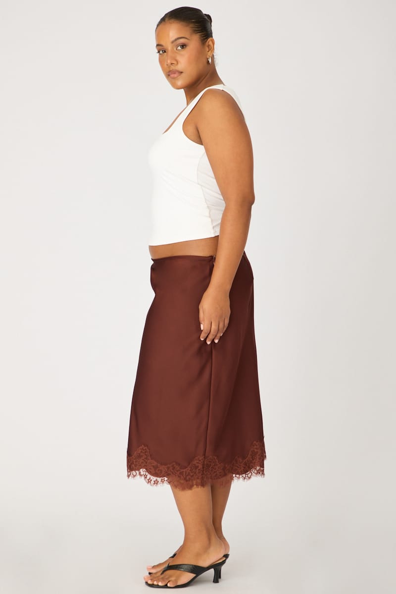 Brown Midi Satin Skirt Lace Hem for YouandAll Fashion