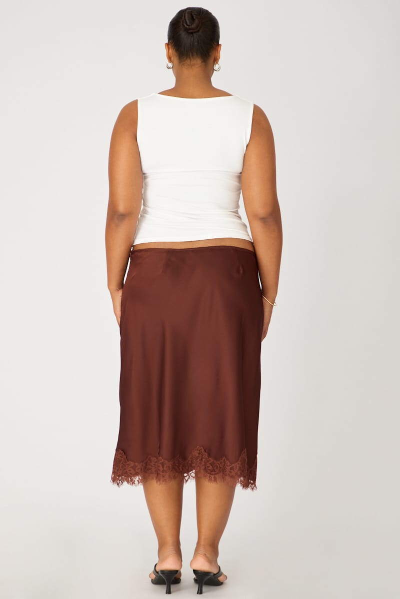 Brown Midi Satin Skirt Lace Hem for YouandAll Fashion