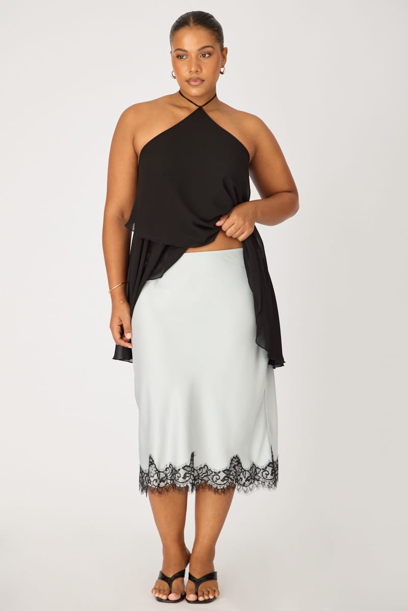 Blue Midi Satin Skirt Lace Hem for YouandAll Fashion