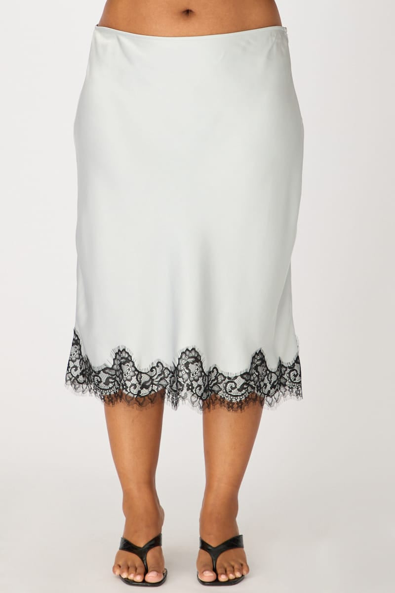 Blue Midi Satin Skirt Lace Hem for YouandAll Fashion