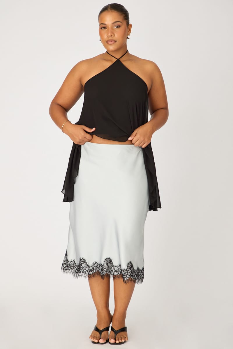 Blue Midi Satin Skirt Lace Hem for YouandAll Fashion