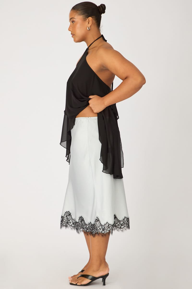 Blue Midi Satin Skirt Lace Hem for YouandAll Fashion