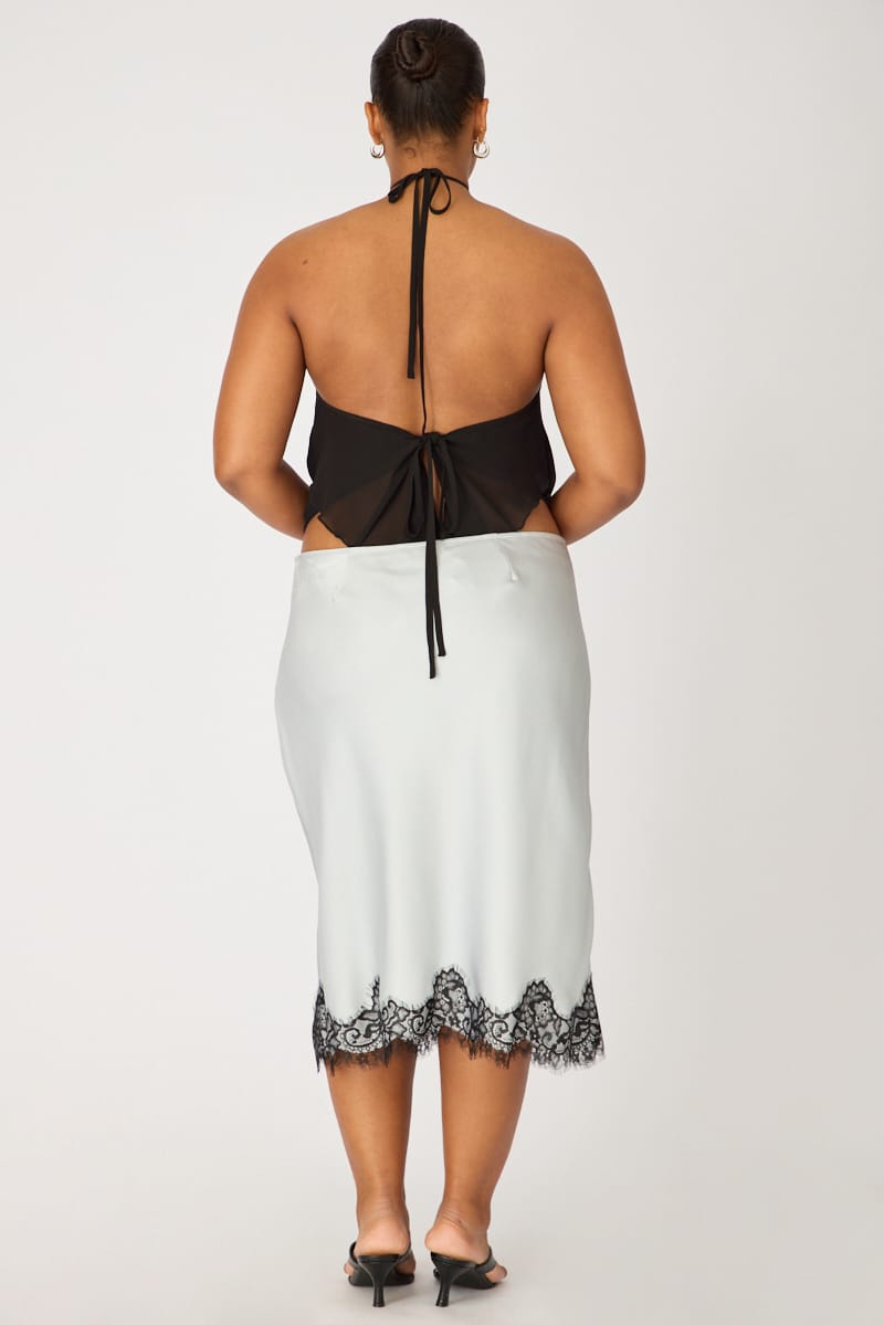 Blue Midi Satin Skirt Lace Hem for YouandAll Fashion