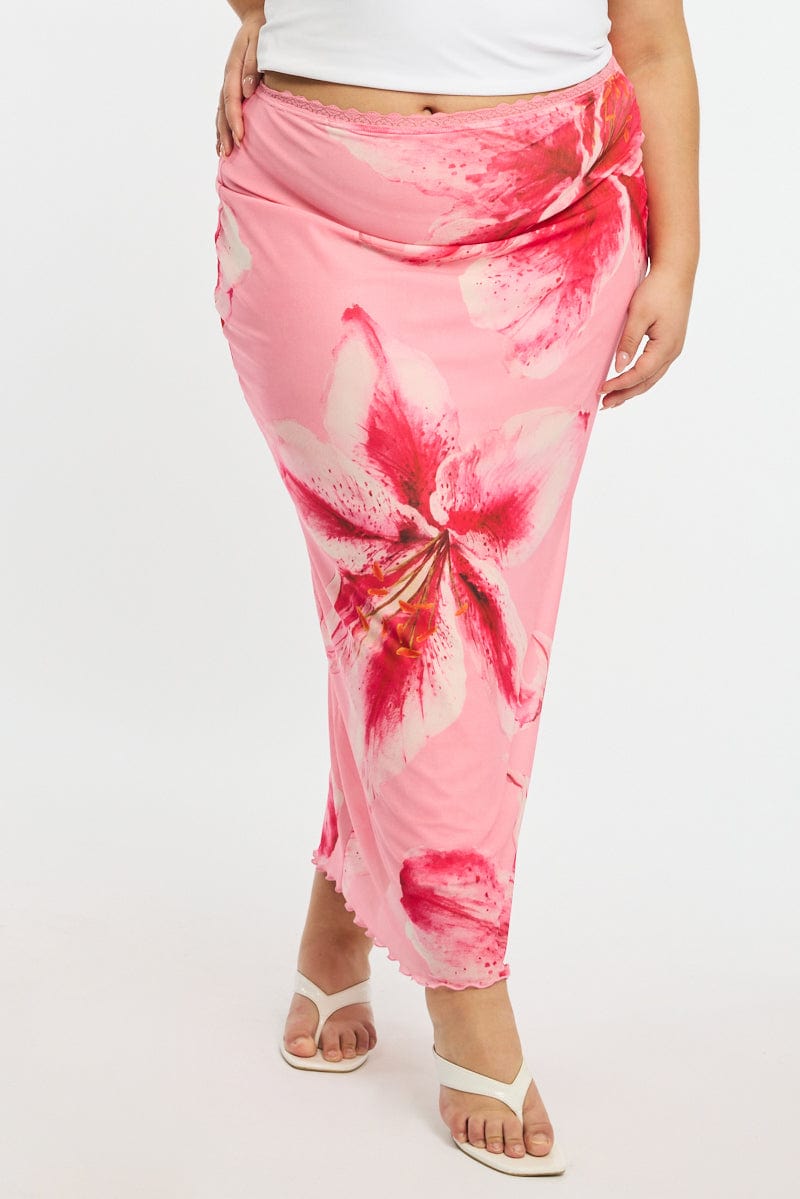 Pink Floral Maxi Skirt Mesh for YouandAll Fashion