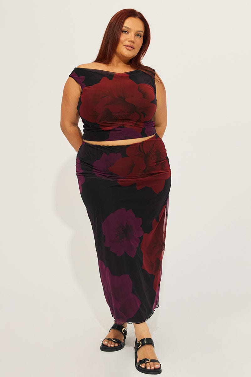 Red Floral Midi Skirt Mesh for YouandAll Fashion