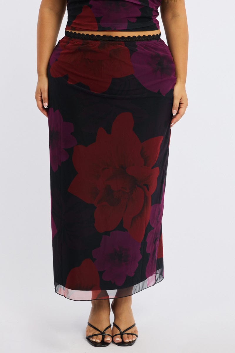 Red Floral Midi Skirt Mesh for YouandAll Fashion