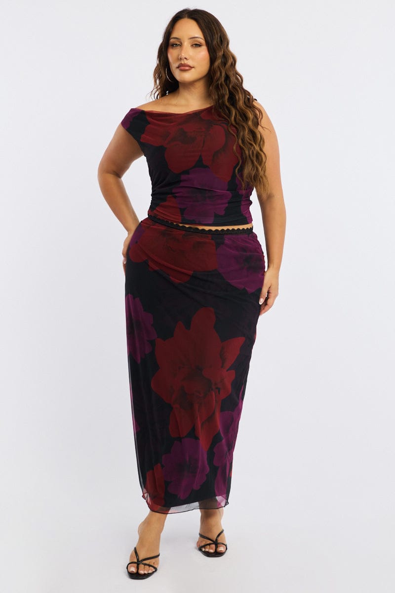 Red Floral Midi Skirt Mesh for YouandAll Fashion