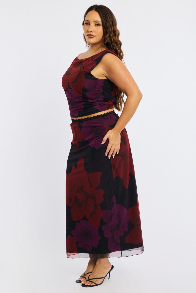 Red Floral Midi Skirt Mesh for YouandAll Fashion