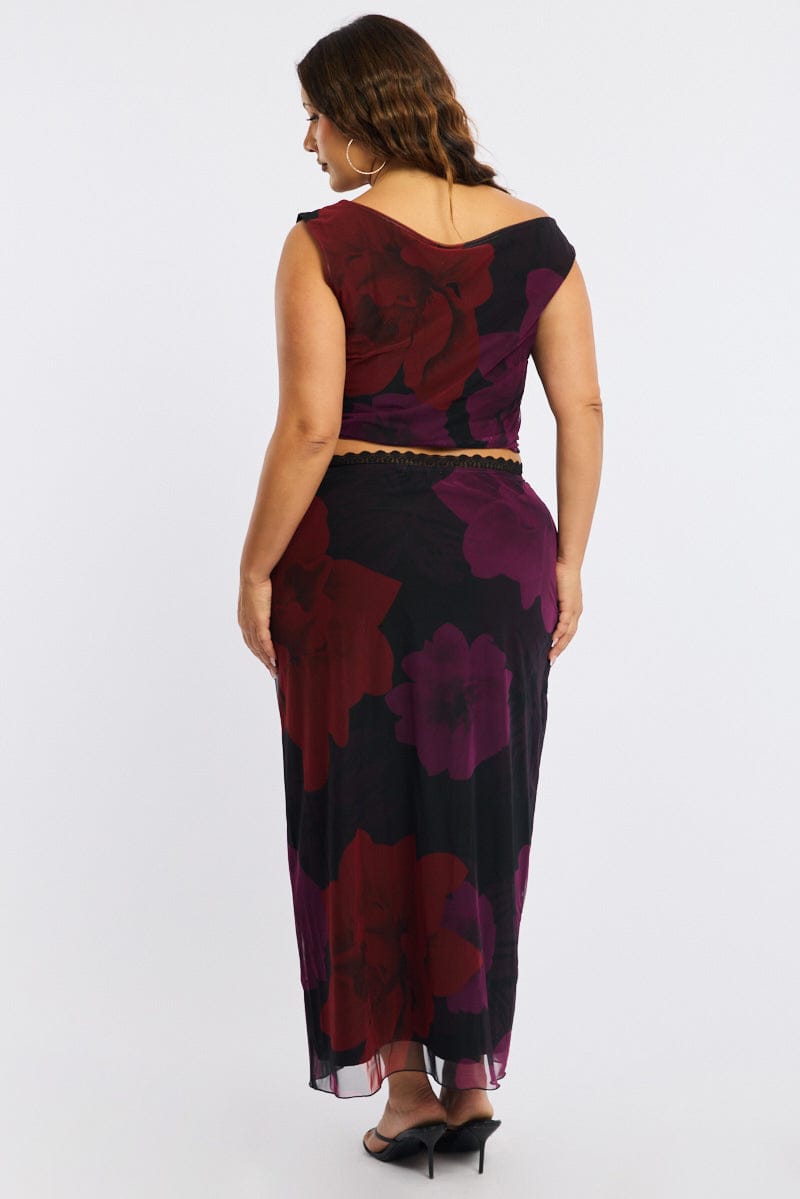Red Floral Midi Skirt Mesh for YouandAll Fashion
