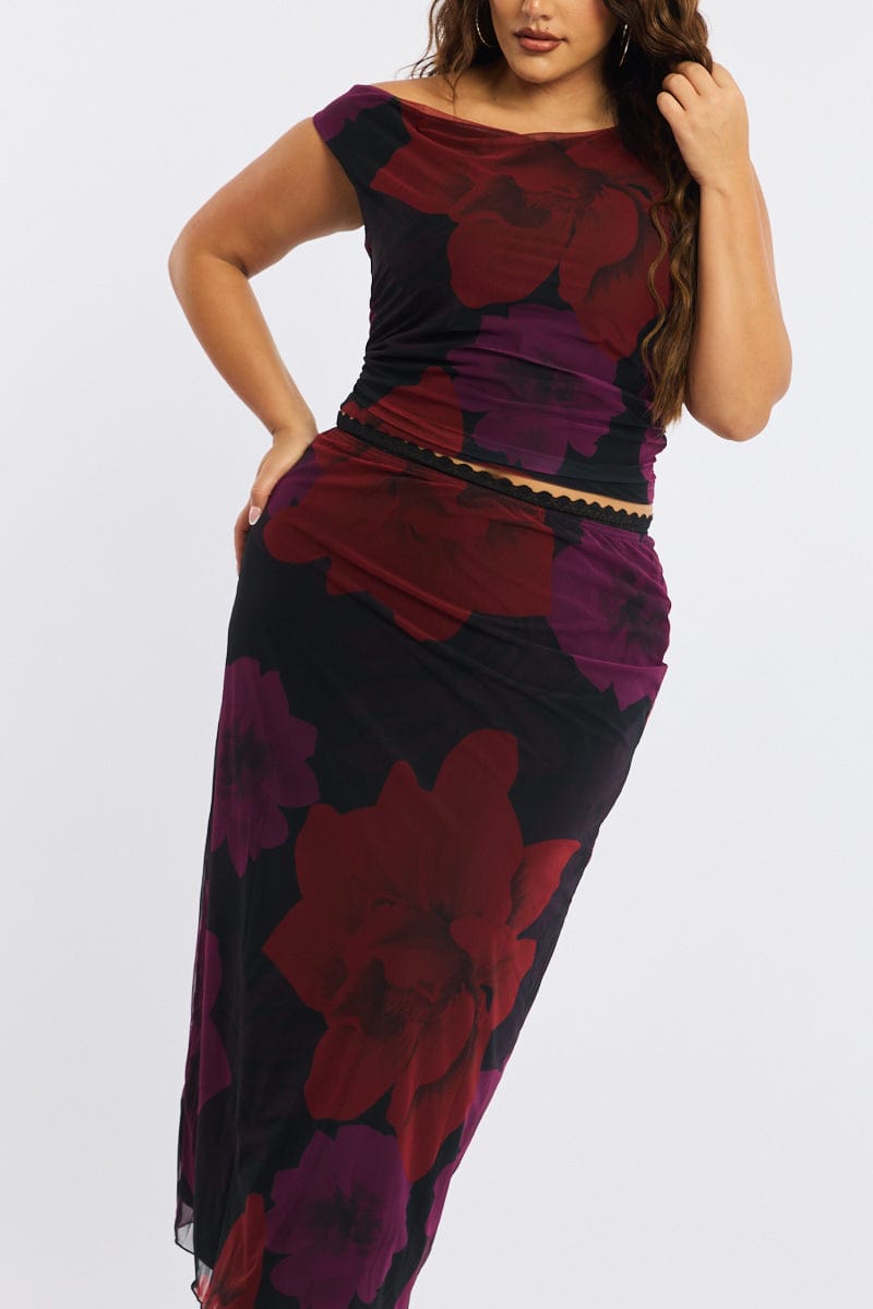 Red Floral Midi Skirt Mesh for YouandAll Fashion
