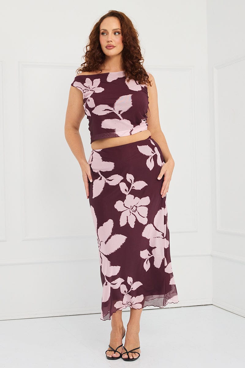Red Floral Mesh Midi Skirt Floral for YouandAll Fashion