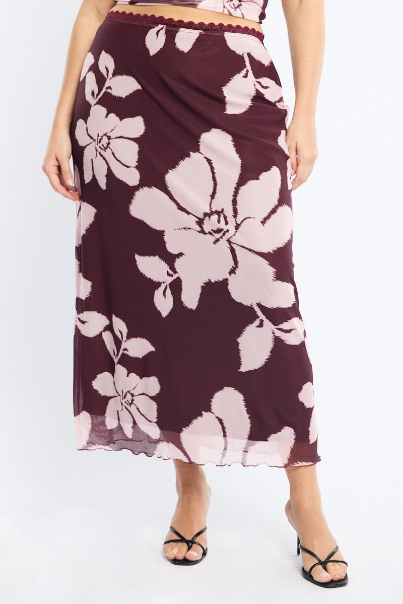Red Floral Mesh Midi Skirt Floral for YouandAll Fashion