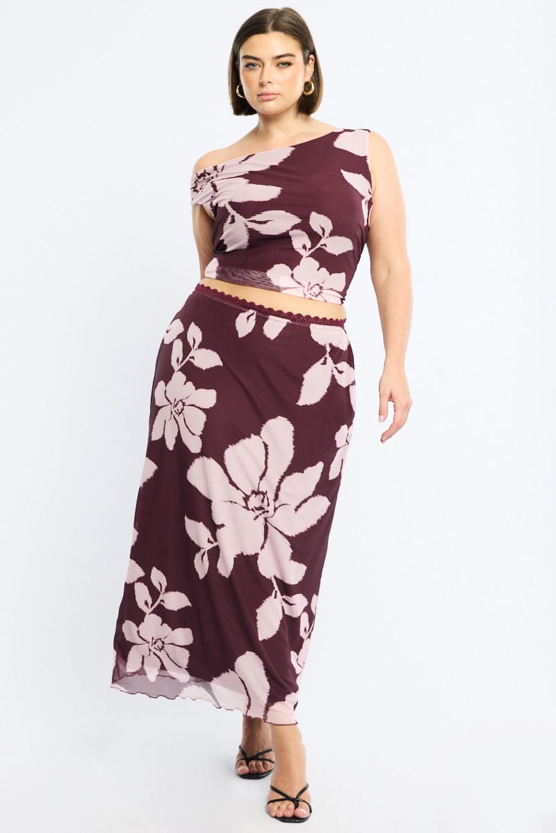 Red Floral Mesh Midi Skirt Floral for YouandAll Fashion