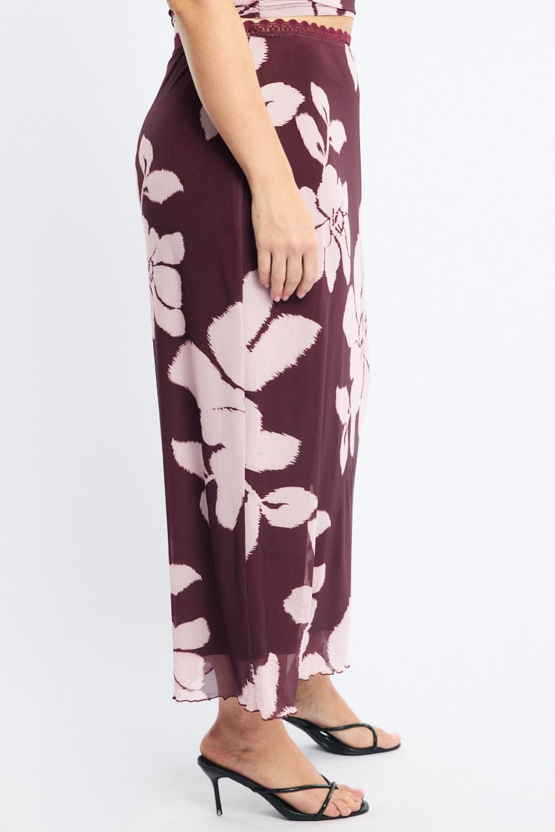 Red Floral Mesh Midi Skirt Floral for YouandAll Fashion