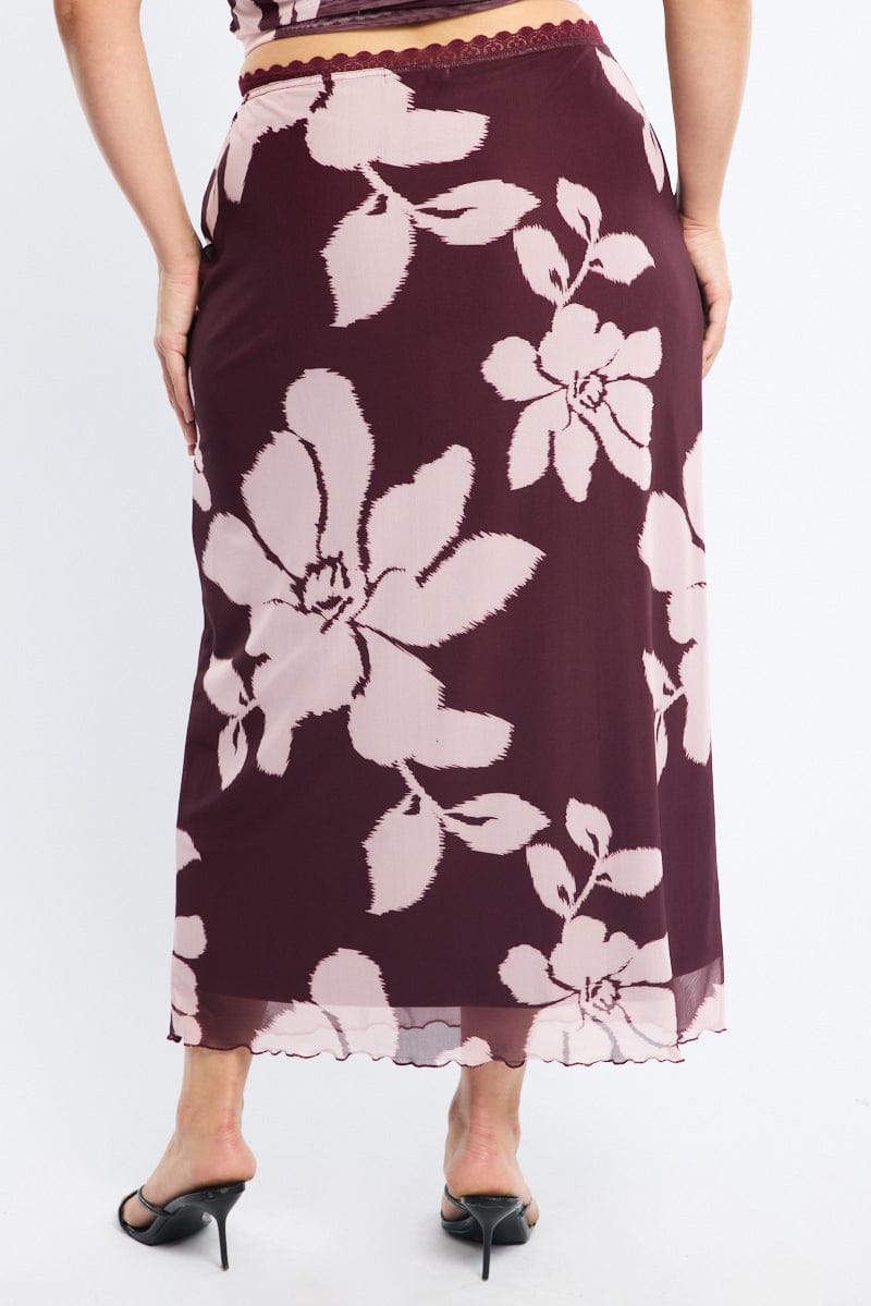 Red Floral Mesh Midi Skirt Floral for YouandAll Fashion