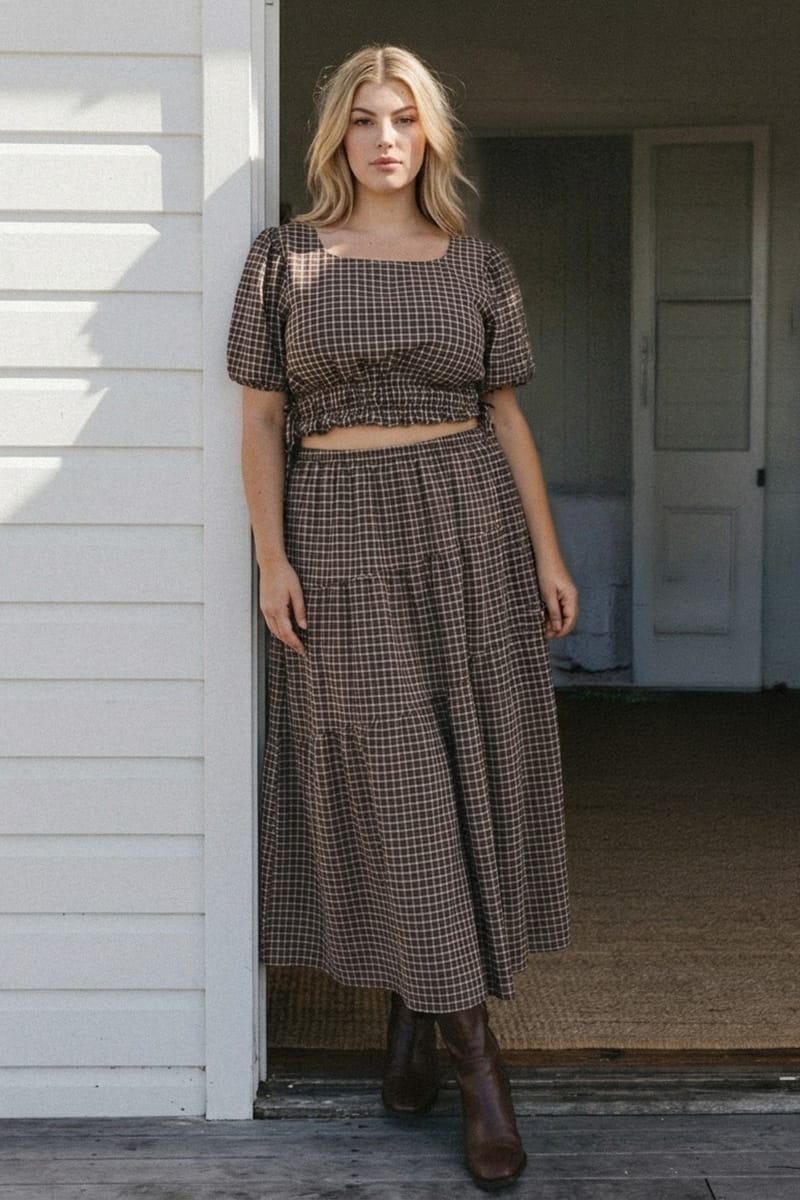Brown Check Maxi Skirt Plaid for YouandAll Fashion