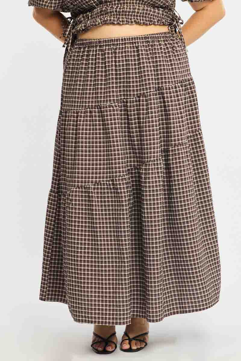 Brown Check Maxi Skirt Plaid for YouandAll Fashion