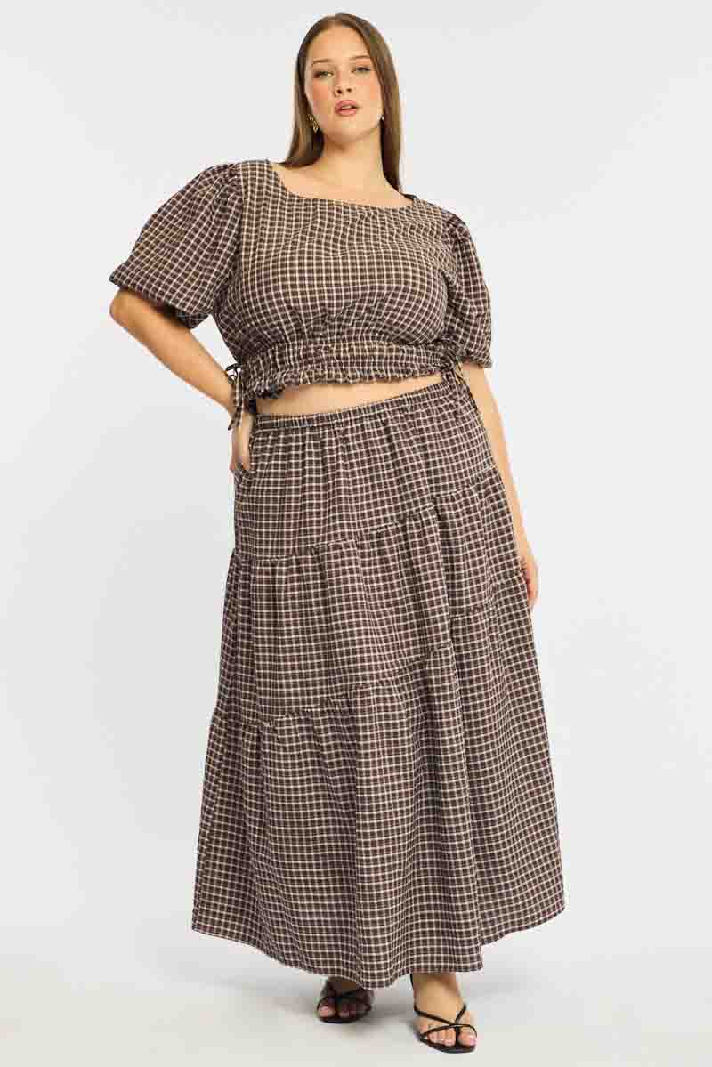 Brown Check Maxi Skirt Plaid for YouandAll Fashion