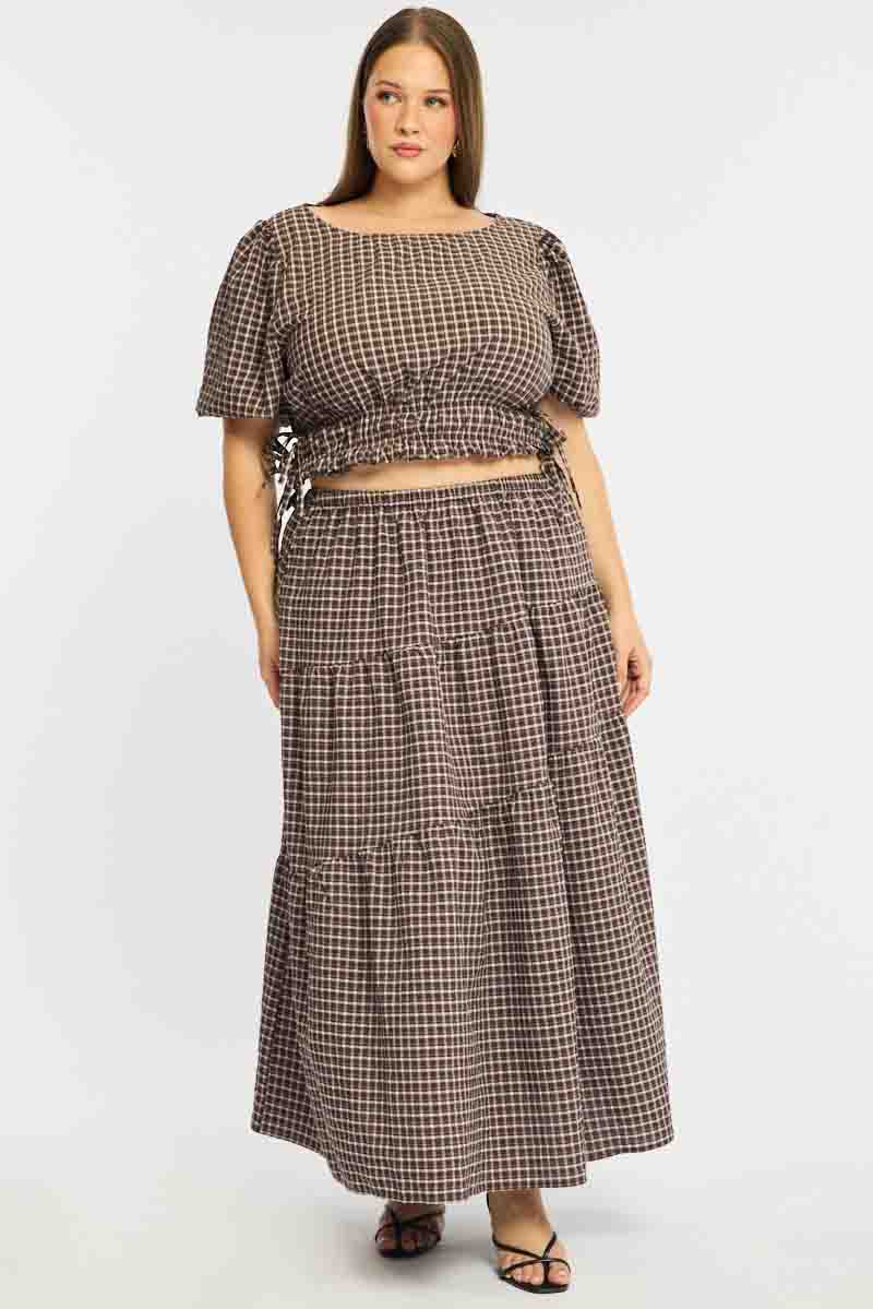 Brown Check Maxi Skirt Plaid for YouandAll Fashion