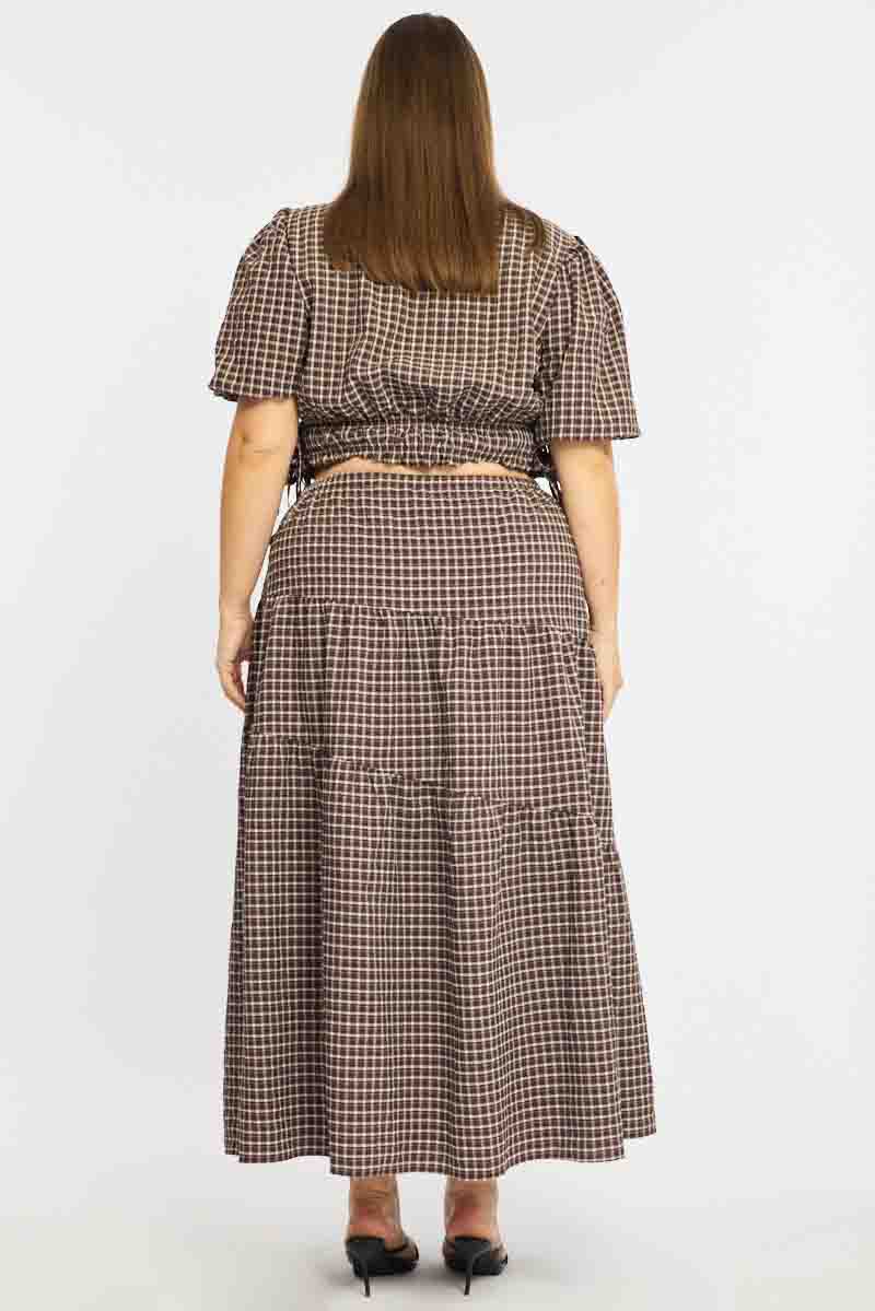 Brown Check Maxi Skirt Plaid for YouandAll Fashion