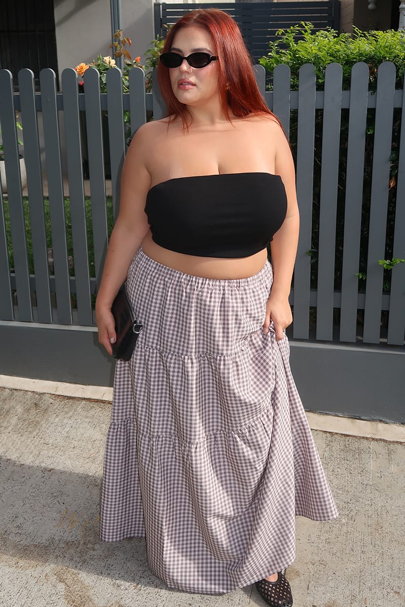 Beige Check Check Maxi Skirt Tiered for YouandAll Fashion