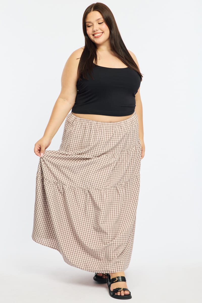 Beige Check Check Maxi Skirt Tiered for YouandAll Fashion