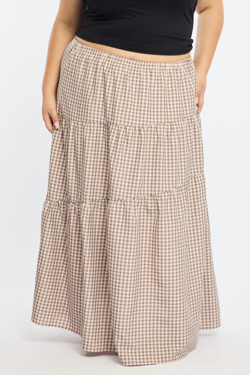 Beige Check Check Maxi Skirt Tiered for YouandAll Fashion
