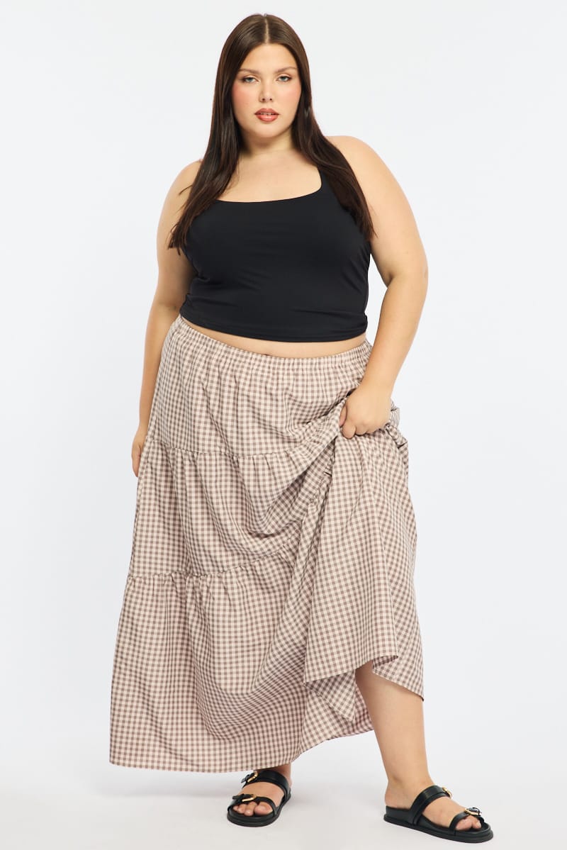 Beige Check Check Maxi Skirt Tiered for YouandAll Fashion