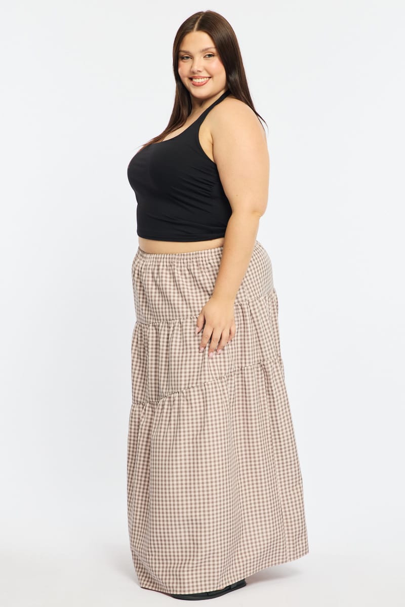 Beige Check Check Maxi Skirt Tiered for YouandAll Fashion